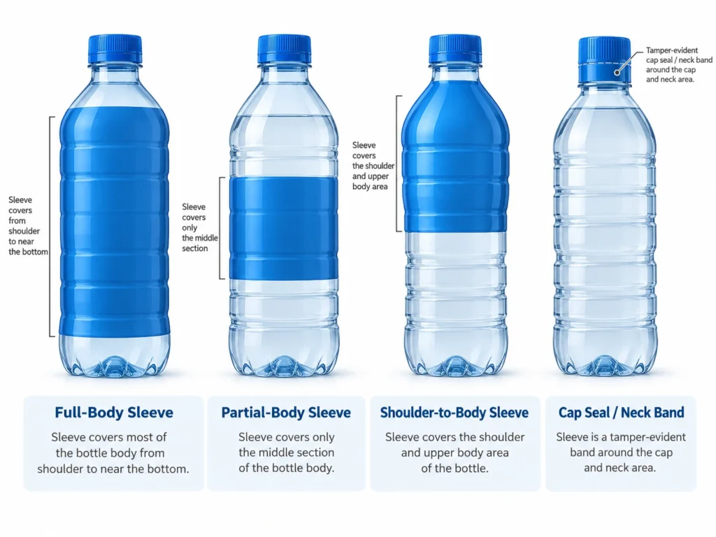 Illustration of full-body, partial-body, shoulder-to-body, and cap/neck shrink sleeve positions on PET water bottles